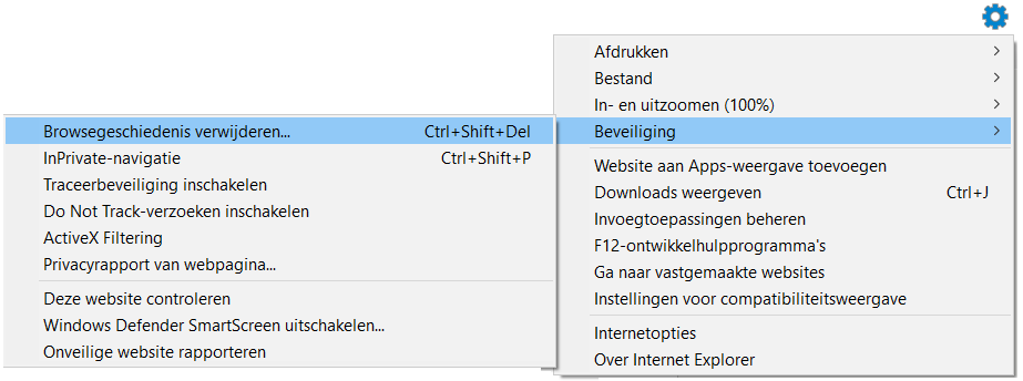 Schermafbeelding menu Internet Explorer 11