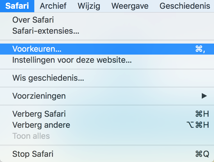 Schermafbeelding menu Safari